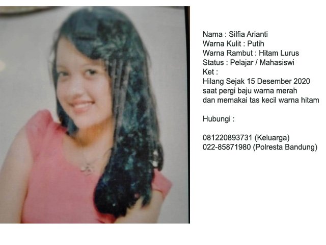 baju warna merah , ciri korban , Mahasiswi di Bandung , Menurut keterangan ibu korban , tas kecil warna hitam