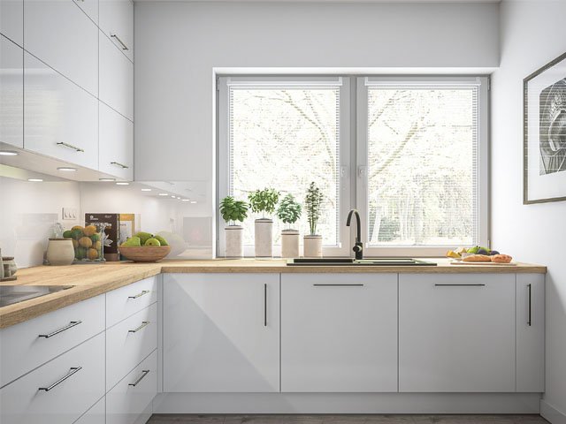 agar dapur bersifat fungsional , kompor yang bentuknya slim , ruang dapur mungil , sink model single bowl
