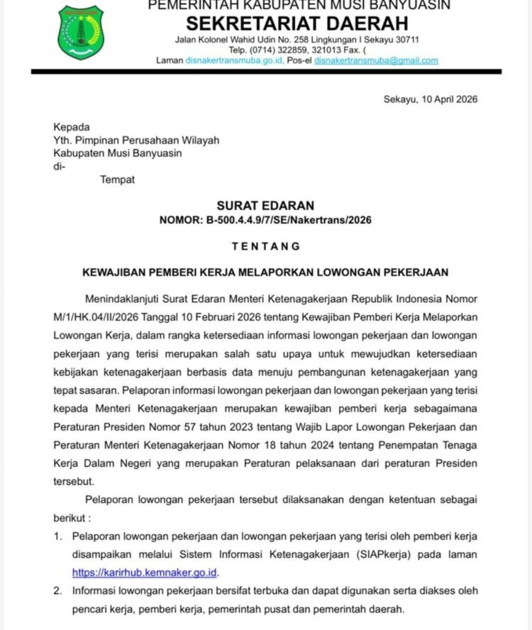 Bupati HM Toha Minta Seluruh Perusahaan di Muba Patuhi Kewajiban Lapor Lowongan Kerja