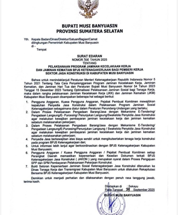 Bupati Muba HM. Toha Tohet “Keselamatan Pekerja Muba Adalah Investasi Kemanusiaan, Kepatuhan Regulasi Jasa Konstruksi Adalah Mutlak”