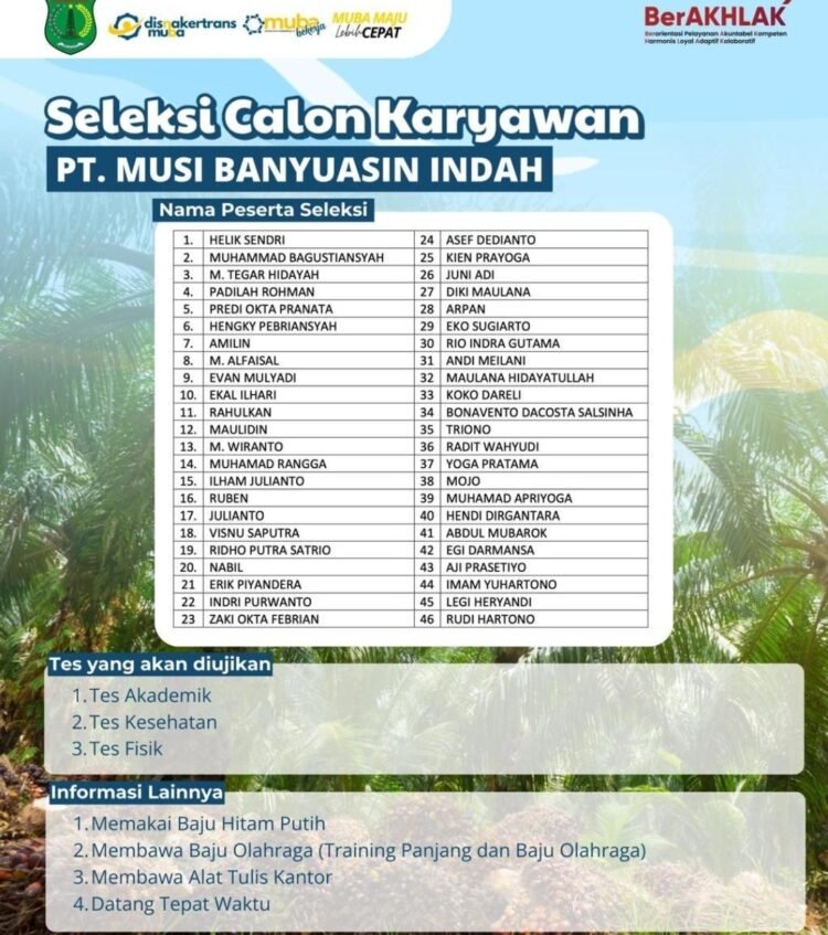 46 Peserta Seleksi Calon Petugas Keamanan (Security) di PT MBI Wilmar Group Rabu 3 Juni 2026 di BLK Disnaketran Muba
