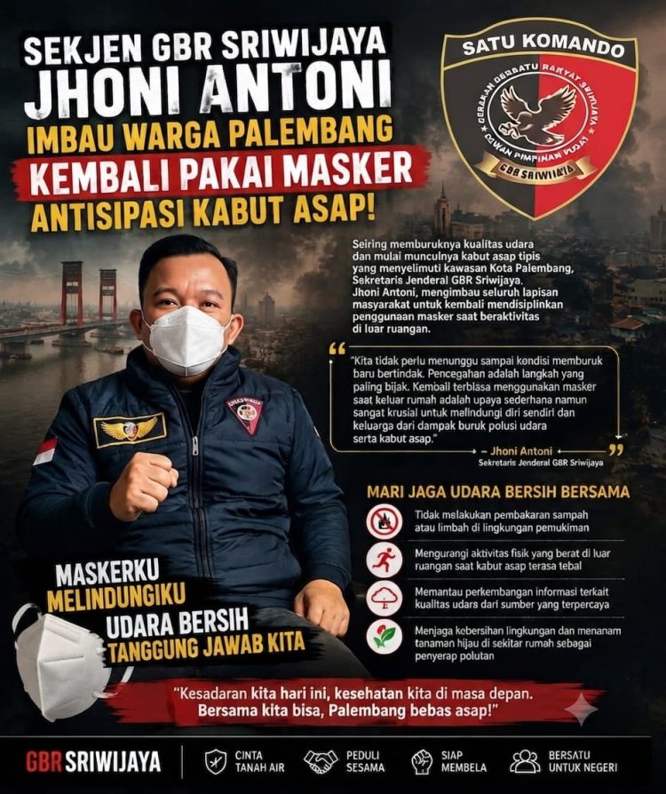 SEKJEN GBR SRIWIJAYA JHONI ANTONI IMBAU WARGA PALEMBANG KEMBALI PAKAI MASKER ANTISIPASI KABUT ASAP!