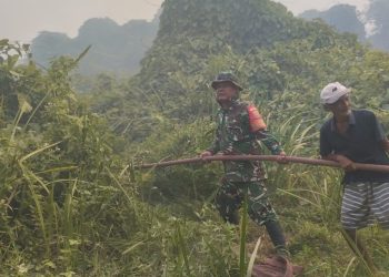 Kebakaran Lahan Palembang Terus Terjadi, Babinsa dan Aparat Gabungan Tak Kenal Lelah Hadang Kobaran Api