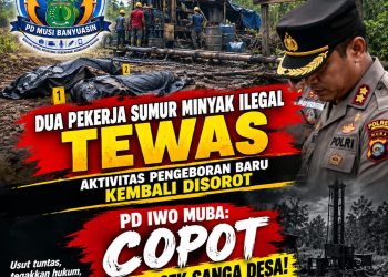 Tewaskan dua orang pekerja sumur minyak Pengeboran Baru PD IWO MUBA: Tangkap JYA Pemilik sumur, Tangkap UZR pemilik Lahan dan Copot Kapolsek Sanga Desa